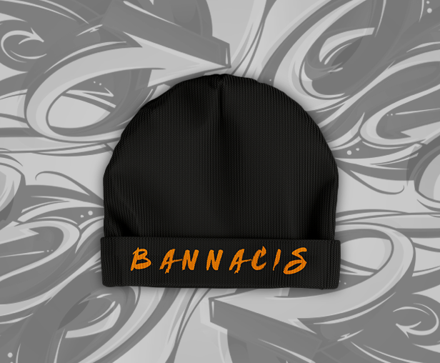 Bannacis black beanie hat front with orange text