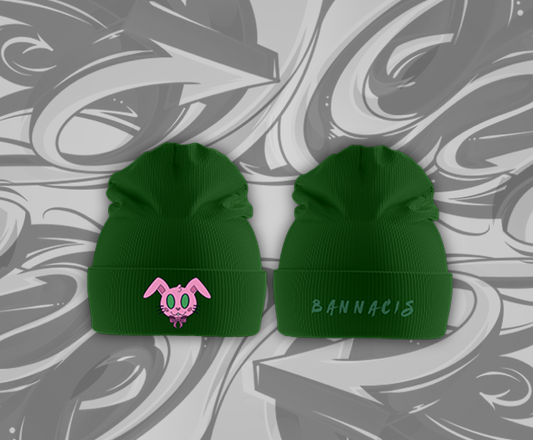 green beanie hat with cartoon pink bunny